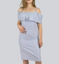 Load image into Gallery viewer, White and Blue Off-the-shoulder Vertical stripes dress with tiny straps