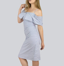 Load image into Gallery viewer, White and Blue Off-the-shoulder Vertical stripes dress with tiny straps