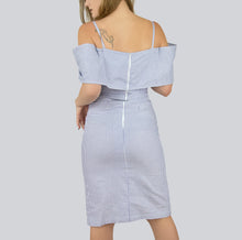 Load image into Gallery viewer, White and Blue Off-the-shoulder Vertical stripes dress with tiny straps